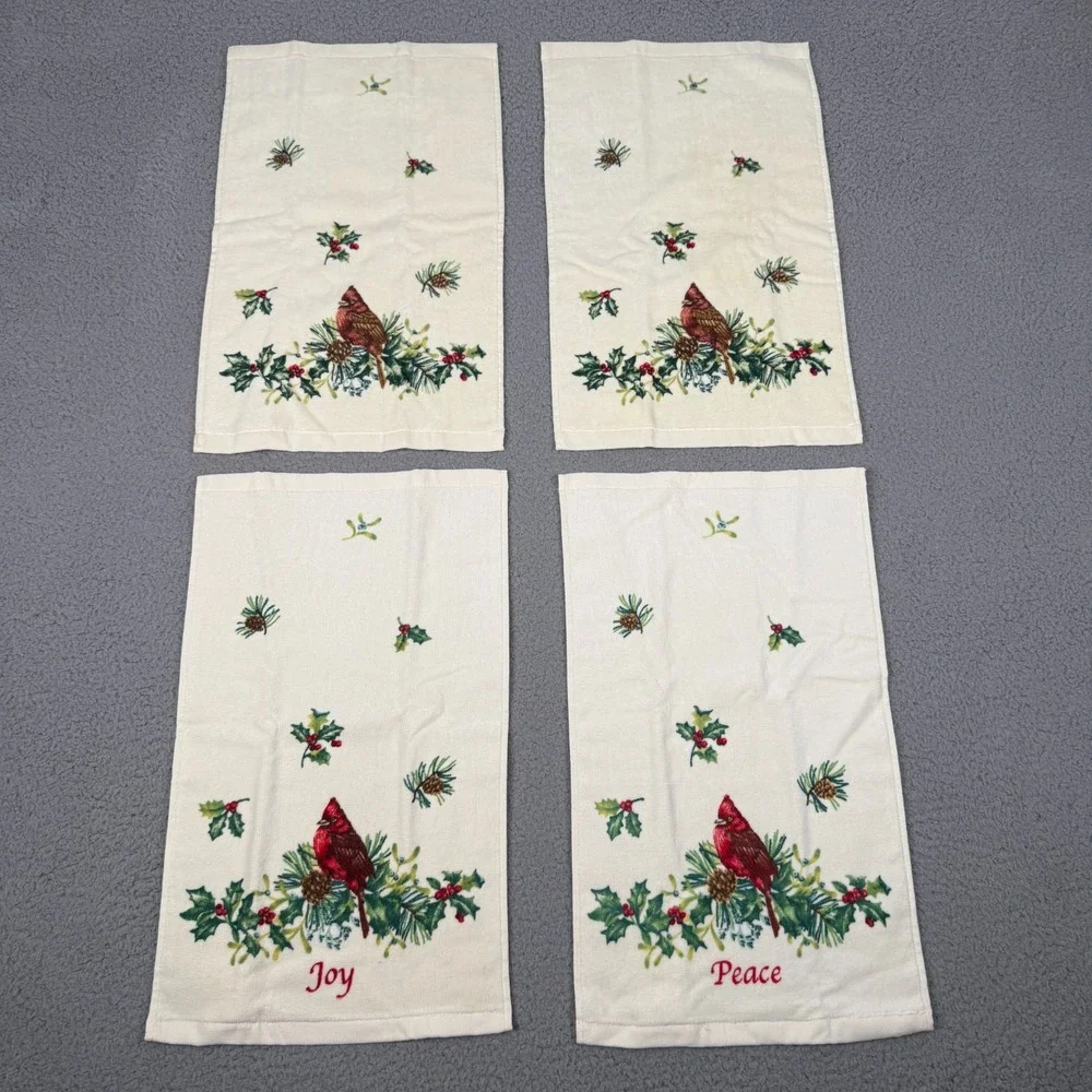 Lenox Winter Greetings Fingertip Towels Set of 4 Cardinal Christmas Joy Peace